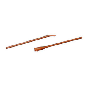 Coude olive tip with two staggered drainage eyes to provide for higher drainage flow. Single-use