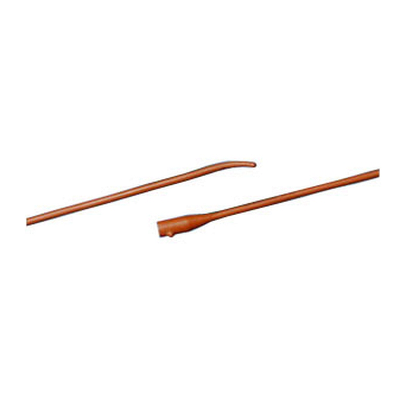 Coude olive tip with two staggered drainage eyes to provide for higher drainage flow. Single-use