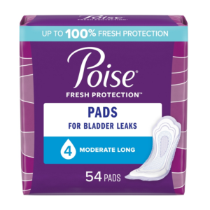 Poise Moderate Long Pads 12.4". Poise Moderate Absorbency incontinence pads are specifically designed for women with light bladder leakage and stay 3X drier than leading period-only pads. The Leak-Block sides give you outstanding incontinence protection while an Absorb-Loc core quickly locks away wetness and odor.