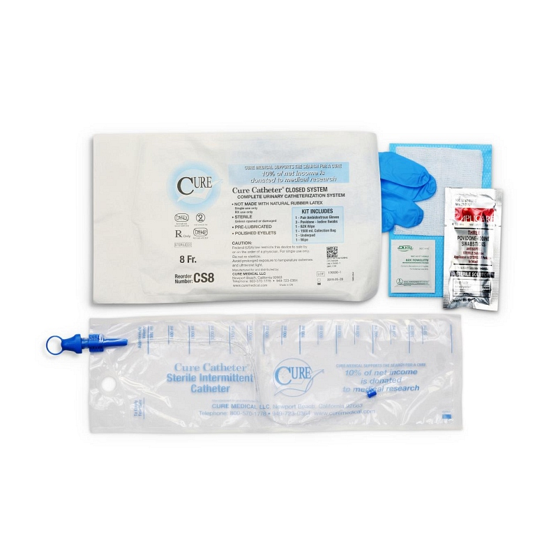 Cure Catheter Closed System is offered as a Single and a Kit with insertion supplies. Smooth