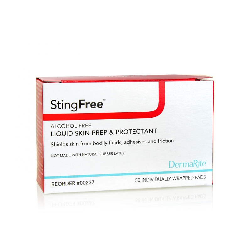 Stingfree Skin Prep Wipes.Alcohol-free liquid skin prep and shield.  Protects up to 72 hours.  Forms a quick-drying transparent protective film between skin and contaminants.  Aids in the prevention of skin maceration.