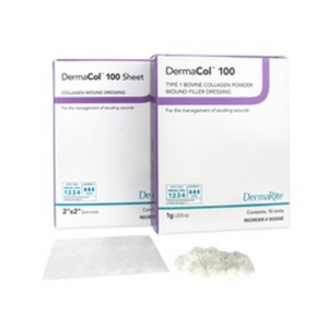 DermaCol 100 Type 1 Bovine Collagen Dressing 2" x 2".BENEFITS:- Hemostatic agent to control minor bleeding- Provides a physiologically favorable environment to encourage wound healing- Maintains a moist wound environment that aids in the formation of granulation tissue and epithelialization- Collagen absorbs wound exudate that may impair tissue regeneration