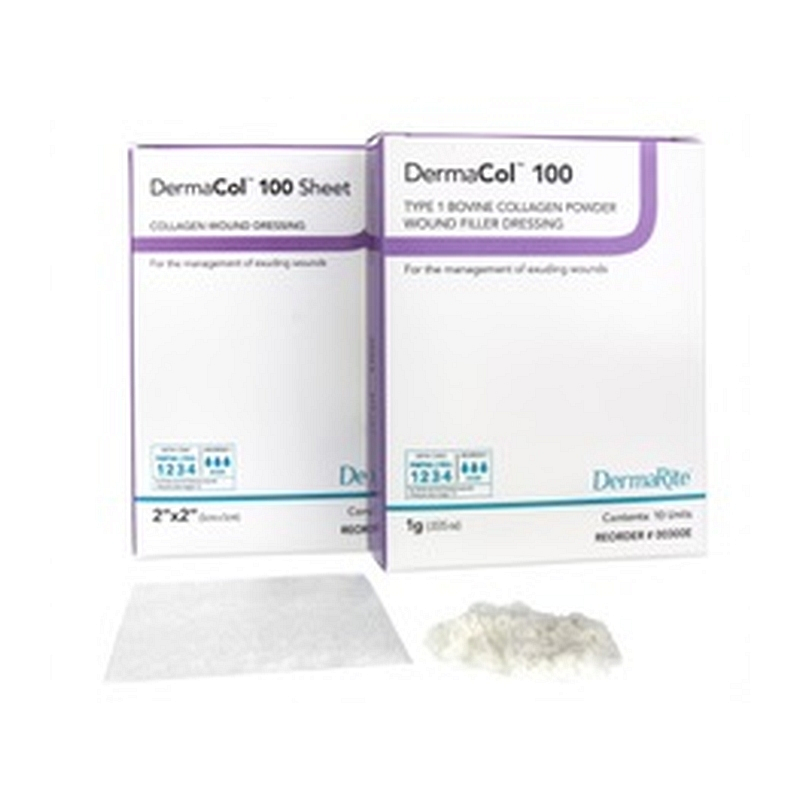DermaCol 100 Type 1 Bovine Collagen Dressing 2" x 2".BENEFITS:- Hemostatic agent to control minor bleeding- Provides a physiologically favorable environment to encourage wound healing- Maintains a moist wound environment that aids in the formation of granulation tissue and epithelialization- Collagen absorbs wound exudate that may impair tissue regeneration