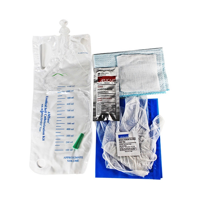 AMSure Urethral Self Catheterization Kit with R Polished Eyes.  Kit Contents: 1) Pre-lubricated PVC Urethral Catheter