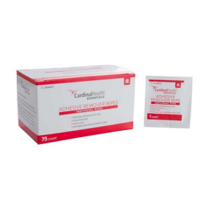 Cardinal Health Essentials adhesive remover wipes. Dissolves and removes adhesive residue from skin and appliances