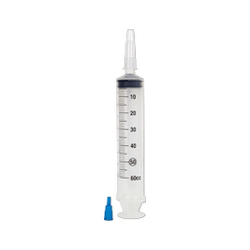 60cc  sterile irrigation syringe packaged in a poly pouch.  Features a flat-top catheter tip with tip protector. Latex-free. Tip length is 1-7/16".